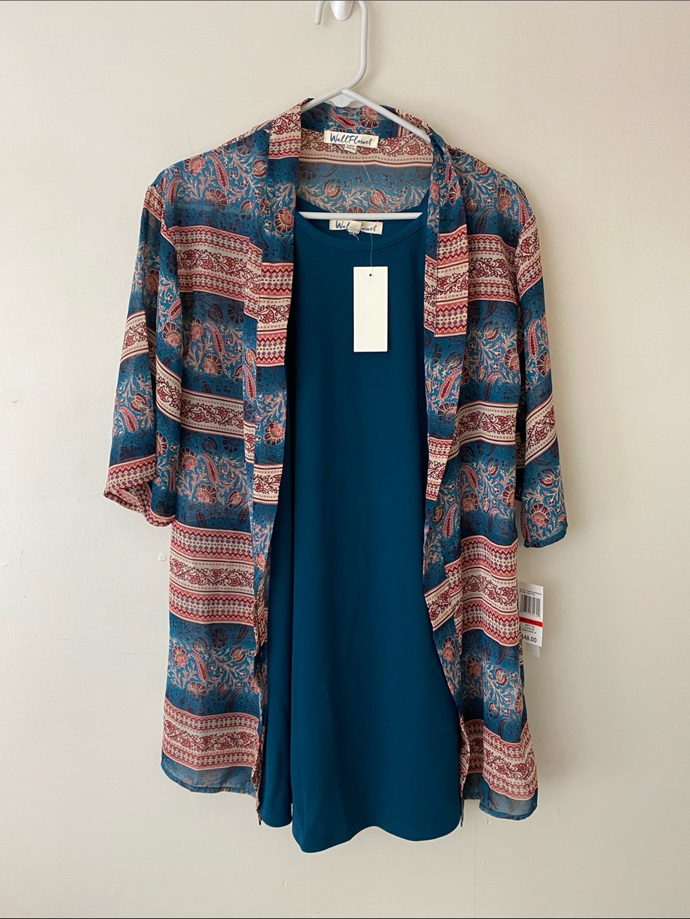 WallflowerTeal sheath Dress XS with Sheer Teal and Rust Paisley Kimono 2 piece